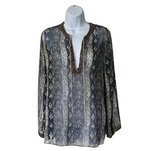 Bella Tu sheer tunic navy blue  snake print long bell sleeves Size S